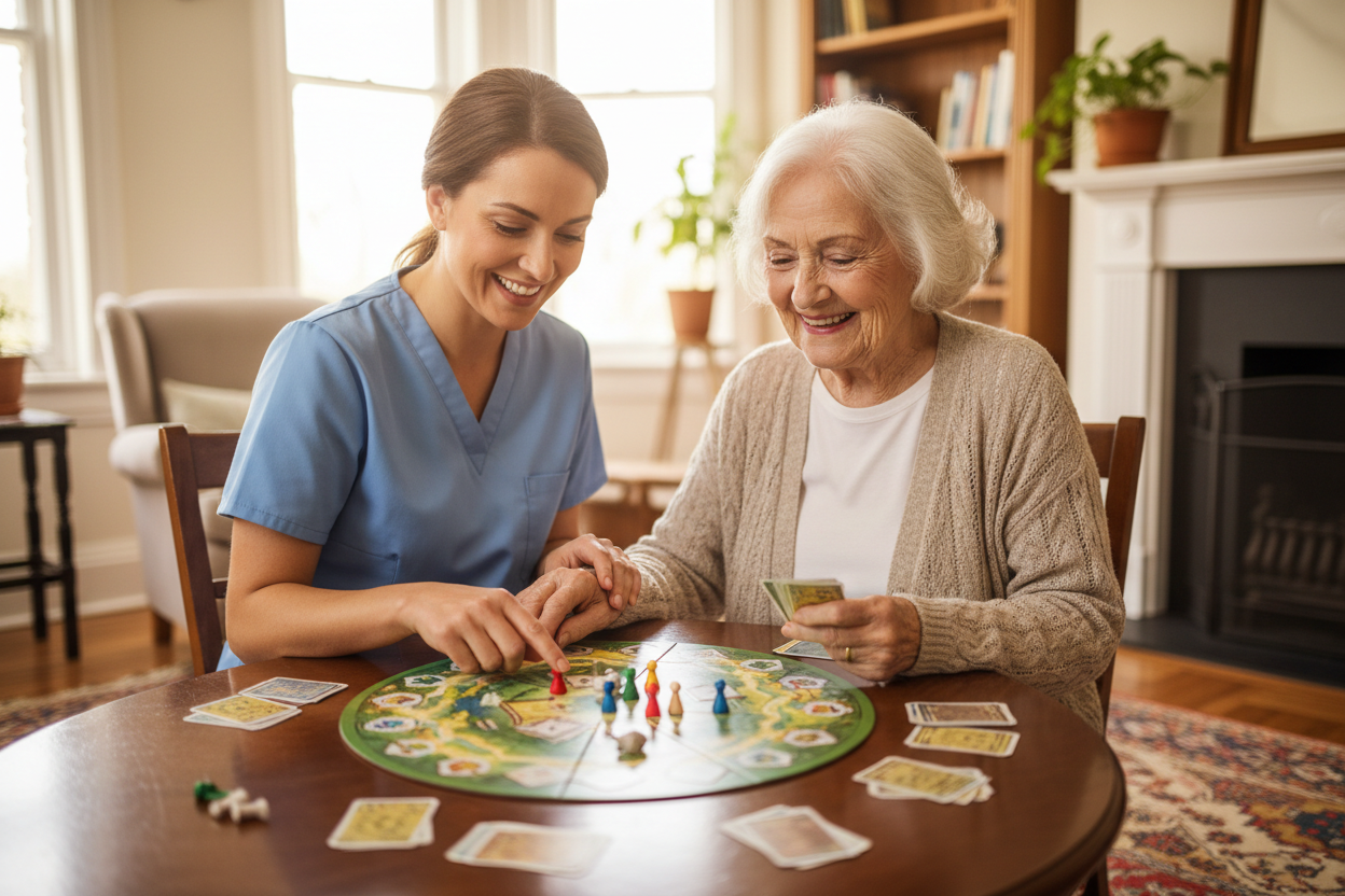 Caregiver playing board game with client